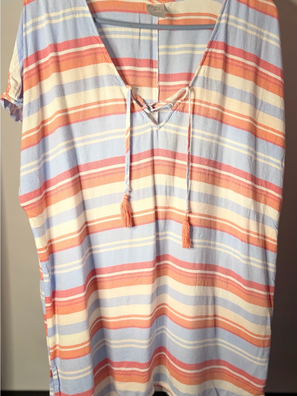 Kona Sol Pastel Striped V-Neck Tassel Tunic - Light Blue, Coral & Cream